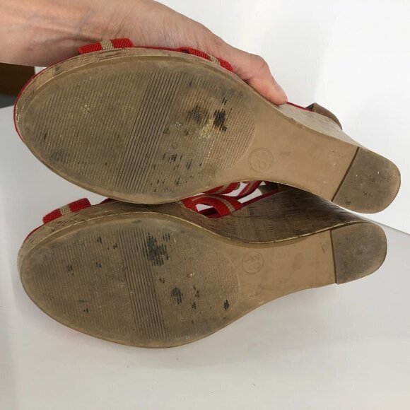 Merona Red Tan Stripe Elastic Straps Cork Wedge Summer‎ Sandals Sz 8.5 - Picture 7 of 14